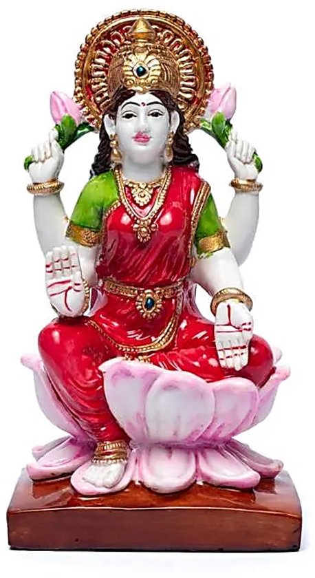 Lakshmi Beeld met Lotussen – Meerkleurig Polyresin – 18 cm
