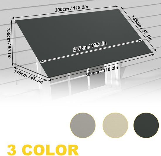 NAIZY Store déroulant Parasol rétractable avec cordon et tige de support en aluminium protection solaire balcon pare-soleil protection solaire pour fenêtres terrasse balcon 300x145 cm, Anthracite