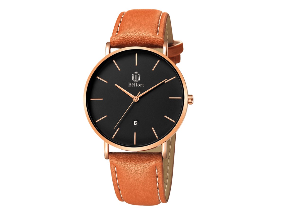 Bèlfort Dumont Horloge Heren Leer - Bruin - Brown Gold - Premium Lederen Horloge Band - 42mm - Water Resistance Watch