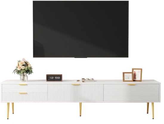 Witte Tv-standaard - Tv-kast Met 4 Deuren En Traliewerkstructuur Gouden Accenten En Verstelbare Poten