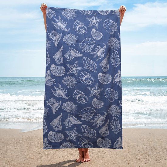 Serviette de plage Saphira Luxe XXL 170 x 190 cm – 100 % Katoen – Design Blauw et coquillages – Extra Groot, ultra douce et respirante