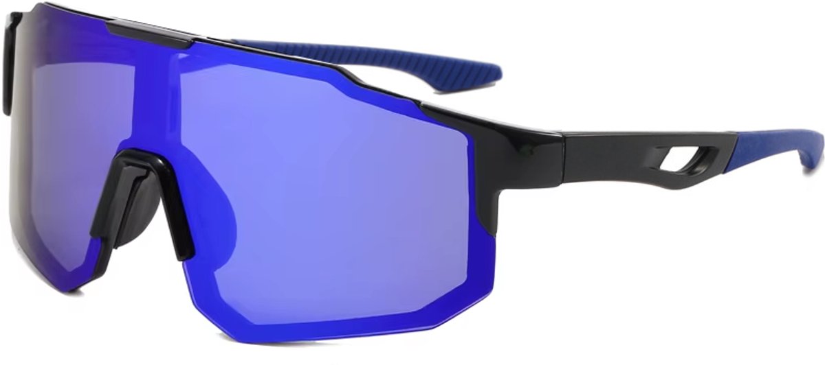 Sport Zonnebril - Fietsbril - Sportbril - Zwart Blauw - Blauw Spiegel - Gepolariseerd