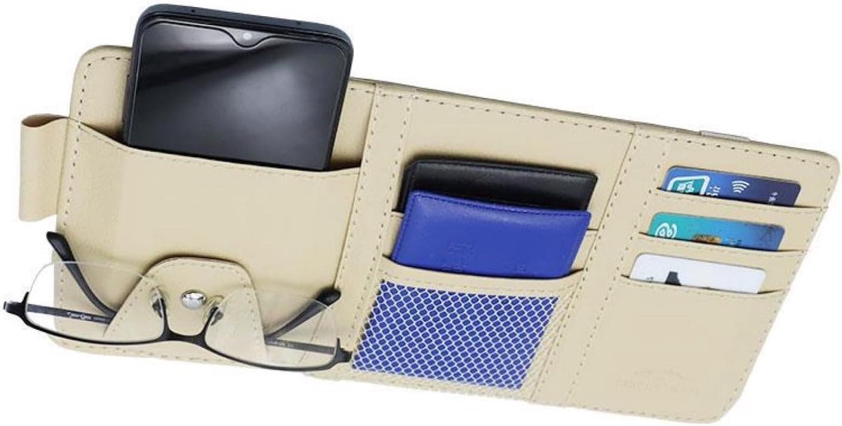 Auto-zonneklep organizer van leer voor auto-interieur met kaartenhouder - Beige
