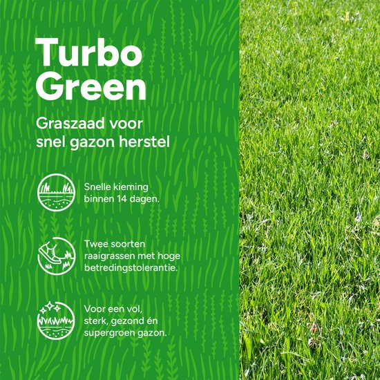Verpakking 'Turbo Green' graszaad met tekst over snelle kieming, betredingstolerantie en vol gazon.