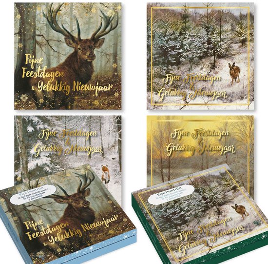 Vier dubbele kerstkaarten. Twee met herten, twee met winterlandschappen en wilde dieren. Met gouden tekst 'Fijne Feestdagen & Gelukkig Nieuwjaar'.