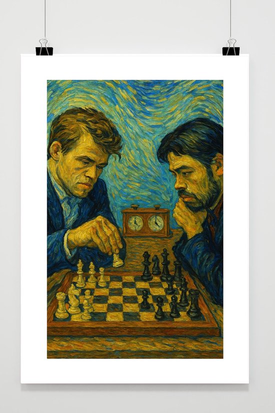 Magnus Carlsen Hikaru Nakamura Poster - Sport Posters - Schaken - Van Gogh Geïnspireerd - Passe-Partouts Effect - Wanddecoratie Woonkamer - 180 gram papier - BS6520AZ - Formaat 50 x 70cm