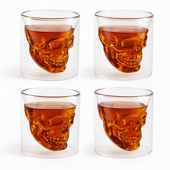 Set de 4 Verres à whisky - Motif tête de mort - 120 ml - Verres à whisky - Compatible lave-vaisselle - Glas transparent - Ø 8 cm - Pour whisky, Liqueur, expresso