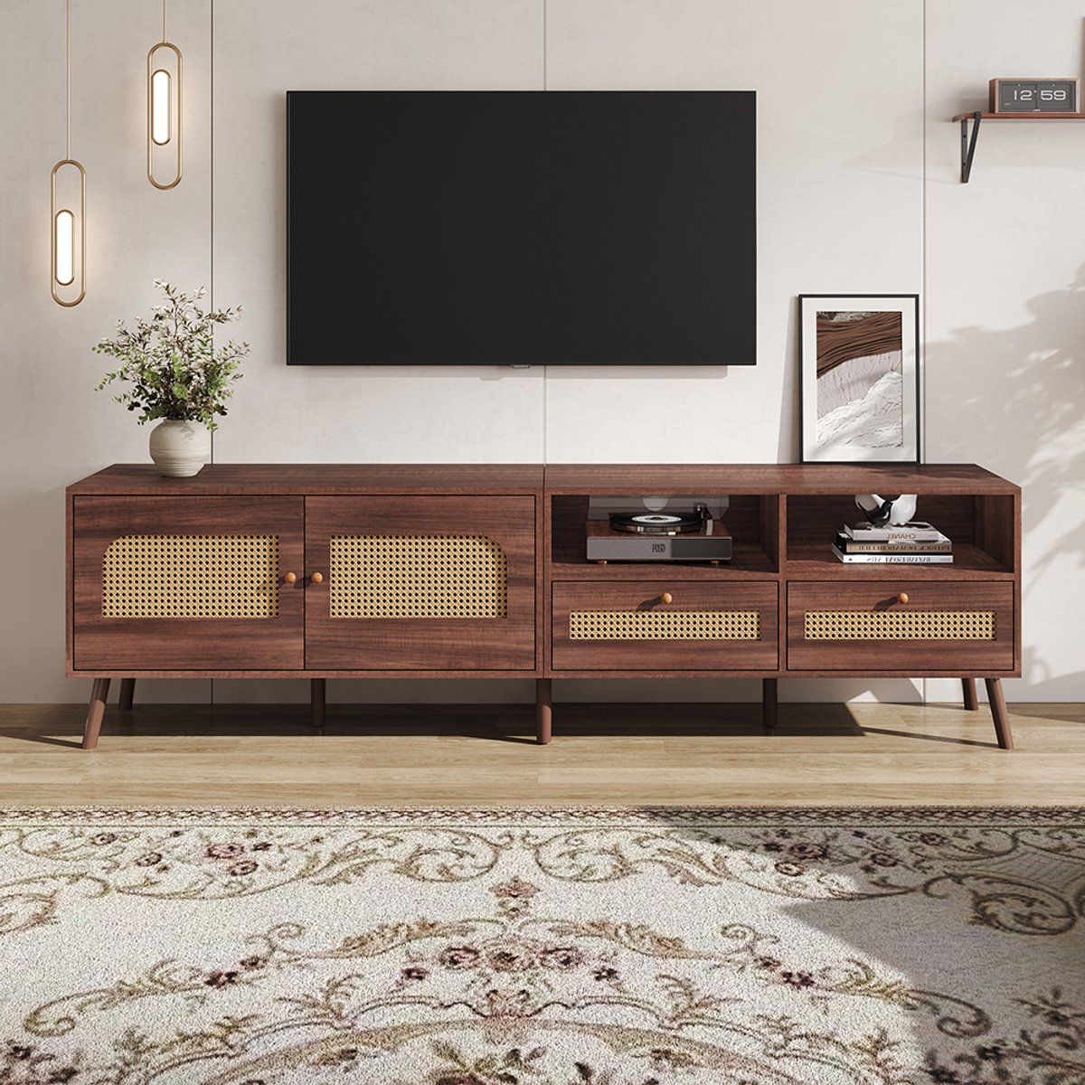 Pugsdrly TV-meubel 200*37*49,5 cm voor 80 inch tv met 2 rotan deuren, 2 lades, laag meubel met 8 poten, modern multimedia-centrum in bruin