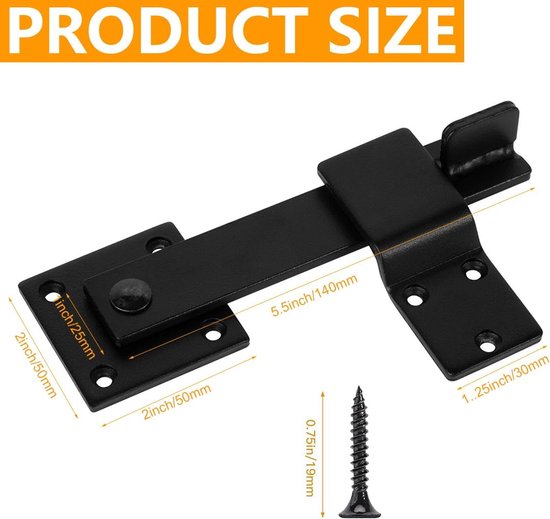 Afmetingen van zwarte poortsluiting: 14 cm lang, 5 cm breed, 2,5 cm hoog. Inclusief schroeven van 1,9 cm.