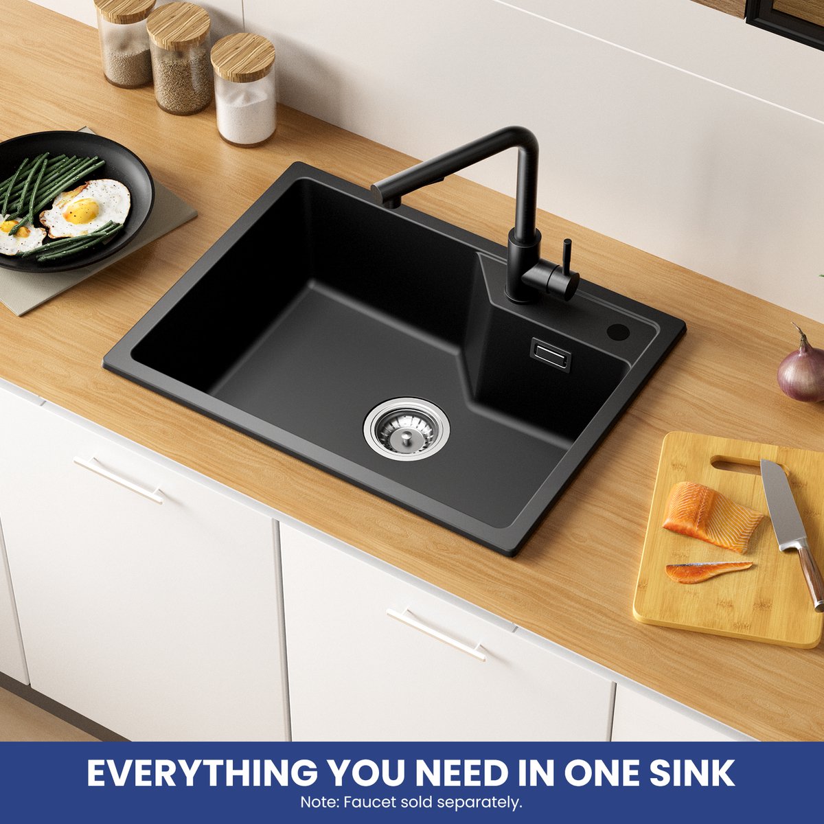 SOFETIY MAX Keuken Gootsteen Zwart 65x45cm - Keuken Gootsteen van Graniet - Haven stijl Keuken Gootsteen Modern - Granieten Gootsteen Zwart met Afvoer & Overloop