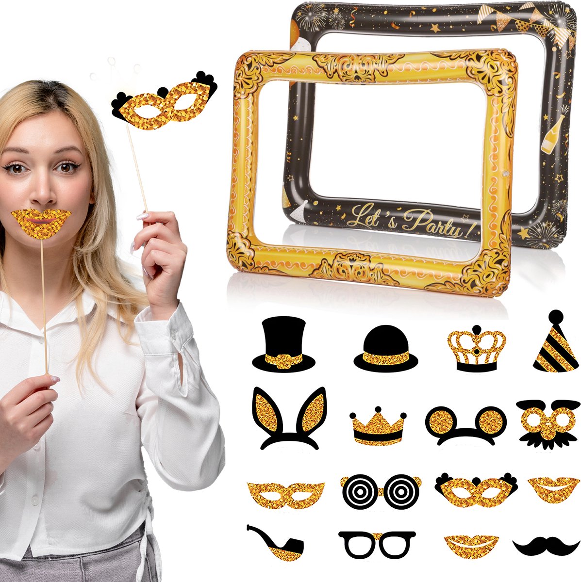 Daily Essentialz Photobooth Props - Photobooth Frame - Photobooth Kader - Photobooth Props Verjaardag - Foto Frame - Photobooth Achtergrond - Goud - 17 stuks