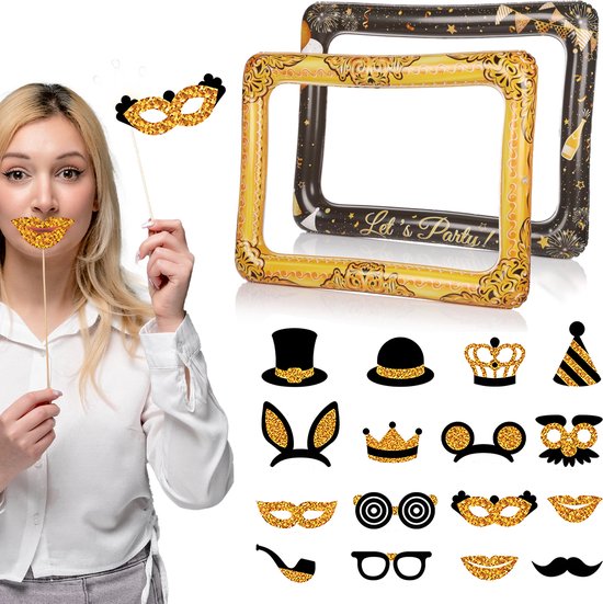 Photobooth Props Daily Essentialz - Cadre photobooth - Photobooth - Cadre photobooth - Photobooth Props anniversaire - Cadre photo - Arrière-plan photobooth - Cadre photobooth - Cadre photo Fête - Or - 17 pièces