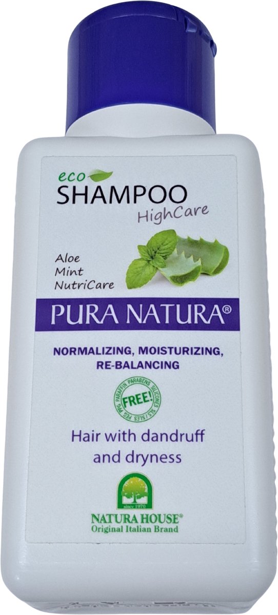 Pura Natura - Eco Shampoo - Moringa & Aloë vera & Munt en Mint-Voor haar met roos en een droge hoofdhuid-250ml