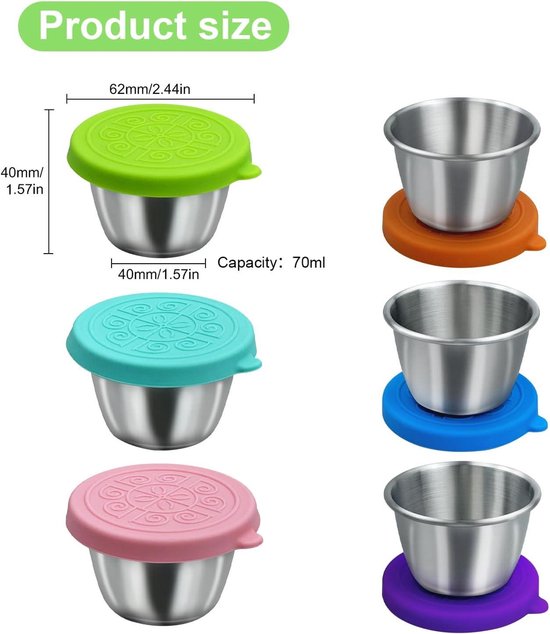 4 Stuks Saladedressing Containers, 70ml Dressing containers met Siliconen Deksel, Mini-dip Sauscontainer Herbruikbare, BPA-vrij, Kleine Roestvrijstalen Kruidenpotjes, voor Salade, Dips, Specerijen