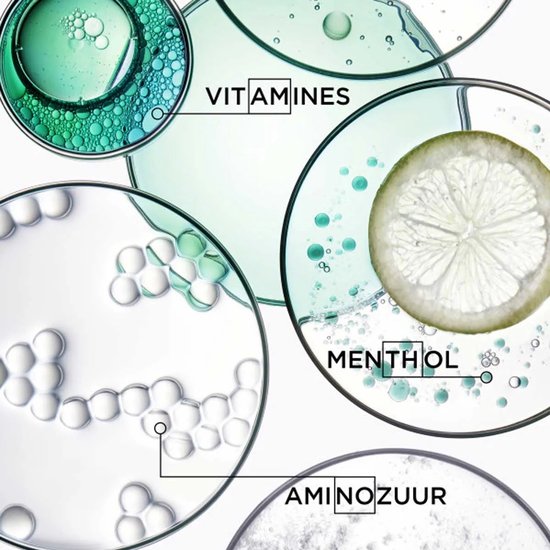 Gros plan d'ingrédients dans des coupelles en verre : liquide vert, menthe, bulles, poudre, tranche de citron.