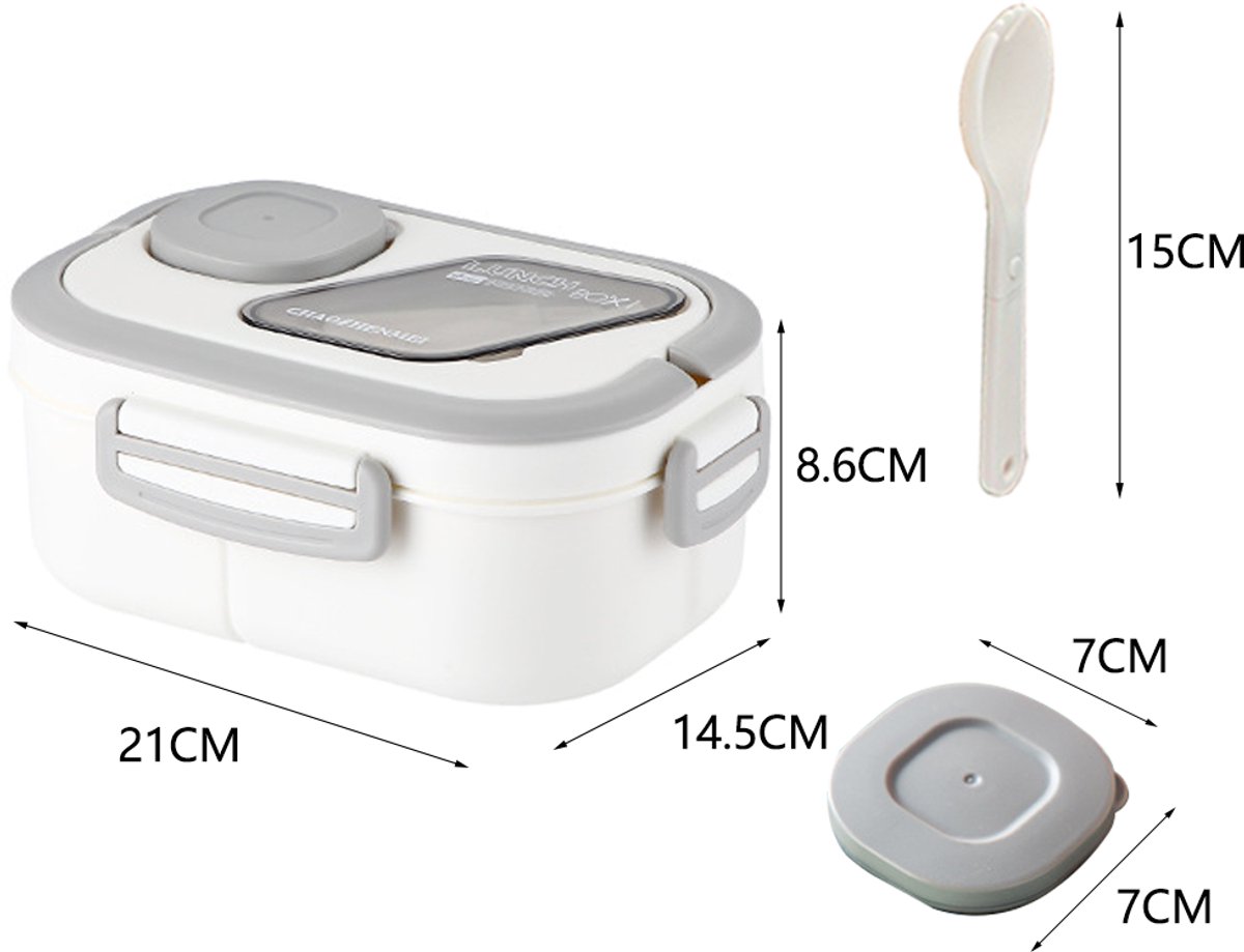 Lunchbox met sausbox en bestek, Lekvrij Bento Box 1200ml voor Diepvries, Vaatwasser & Magnetronbestendig, met Silicone Afdichtring, Dubbele Laag met 6 Vakken Voor volwassenen en kinderen, Wit-21*14.5*8.6cm — afbeelding 2