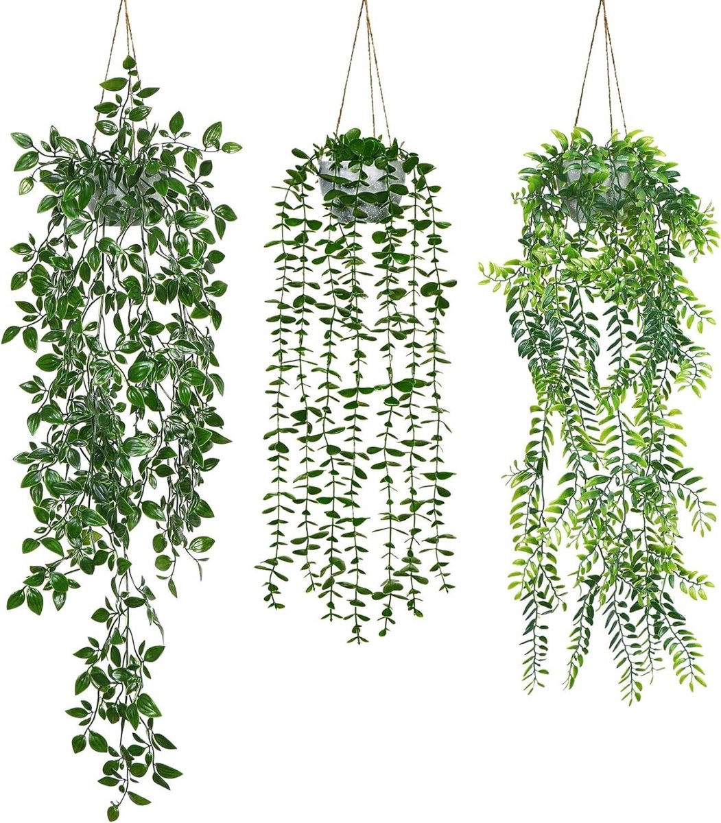Allecto Premium - Kunstmatige Opknoping Planten Set met Potten - Kunstmatige Eucalyptus Decor - Binnen Buiten Decoratie - Groen Perzisch - 3 Stuks