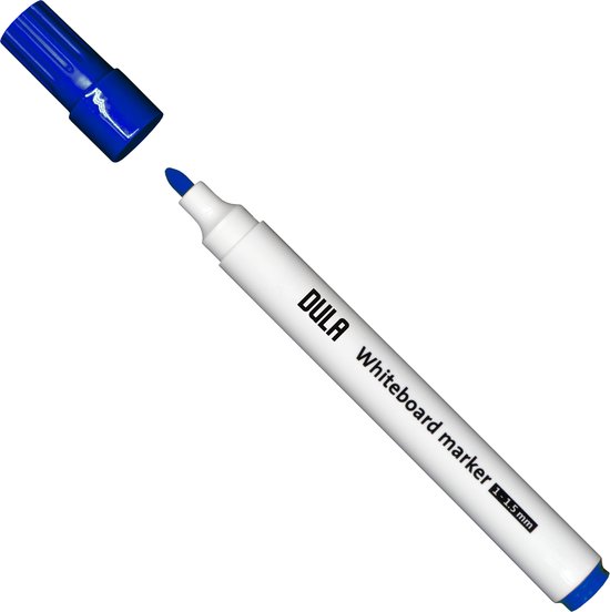Blauwe DULA whiteboardmarker met dop naast de pen. Penpunt is zichtbaar.