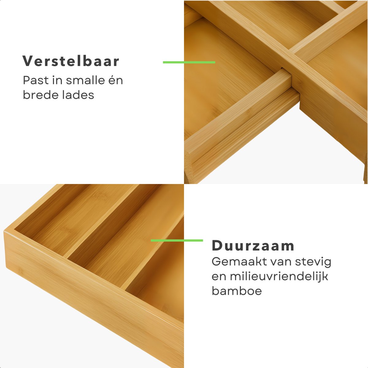 Cheqo® Uitschuifbare Besteklade Bamboe – Verstelbare Bestek Organizer – Ladeverdeler Keuken – Duurzaam & Milieuvriendelijk – Meerdere Compartimenten – Natuurlijke Uitstraling – Eenvoudig Schoon te Maken – Stijlvolle Keukenlade Organizer