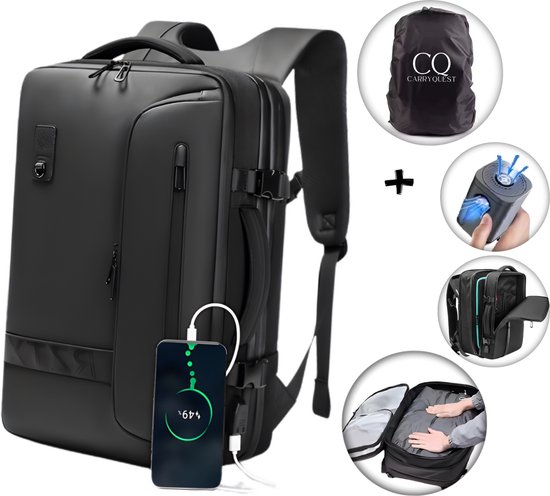 CarryQuest® - Vacuum Rugzak - RZ/TX - incl. Draadloze Pomp - USB- Uitgang - Zwart - Airbag - Laptop tas 17 Inch - Airback - Unisex - Nu bij Bol.com