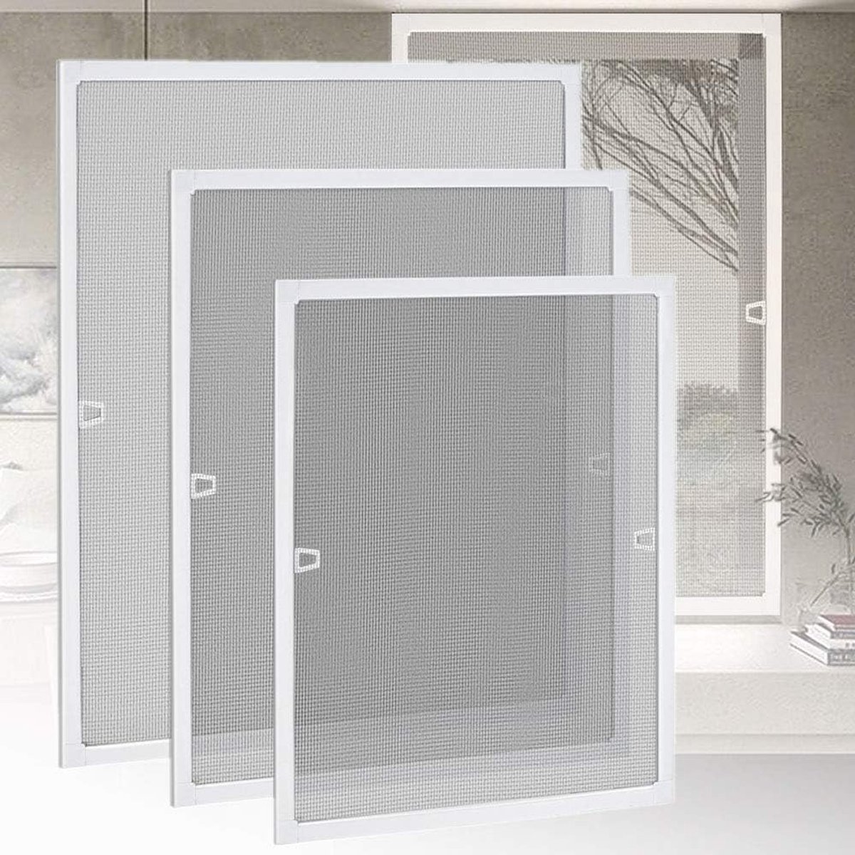Vliegengaas, insectenwerend, spanraam, muggenrooster, rooster met aluminium frame, zonder boren, voor ramen, 80 x 100 cm, wit HMTM5244
