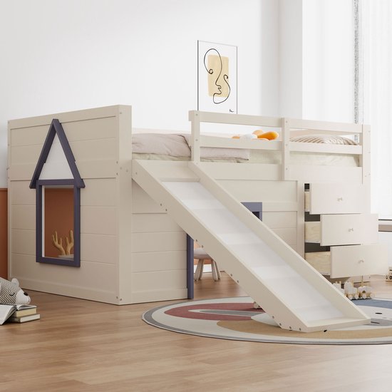 Lit mi-hauteur Sweiko - 140 x 200 cm - avec glissière - 3 tiroirs - Blanc crème