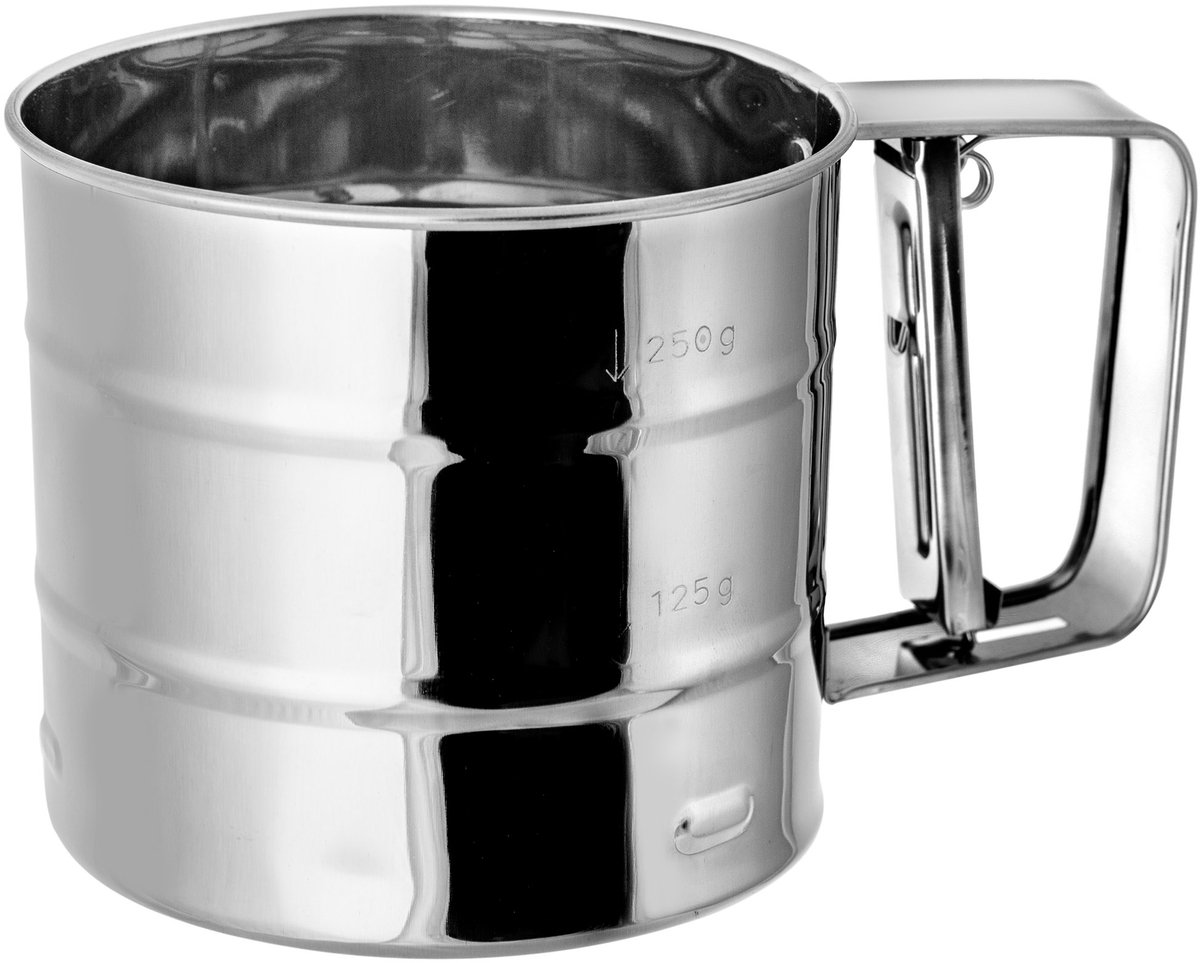 KADAX Meelzeef, roestvrijstalen handzeef voor meel en poedersuiker, één hand bestuiving en bestuiving, voor fijn bemeel, veilige, eenvoudige bediening, 250 g, zilver