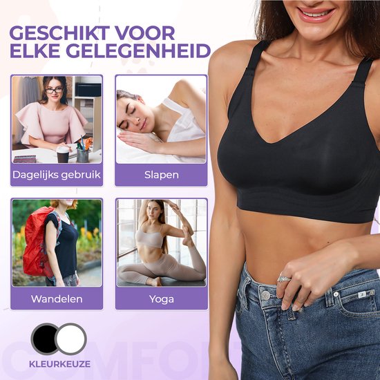 Zwarte naadloze push-up BH, geschikt voor dagelijks gebruik, slapen, wandelen en yoga.
