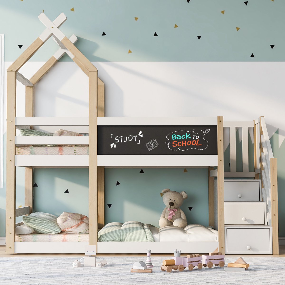 Sweiko Stapelbed - 90×200 cm - Huisbed - Met krijtbord - Opbergruimte - Natuurlijke + wit Naturel+Wit
