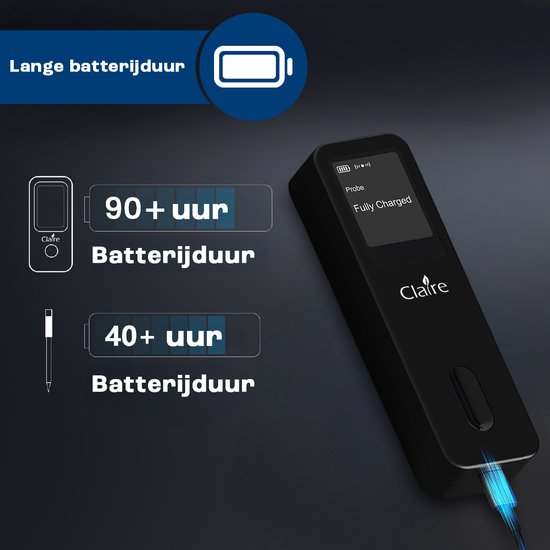 Claire thermometer met weergave 'Fully Charged' en oplaadkabel.