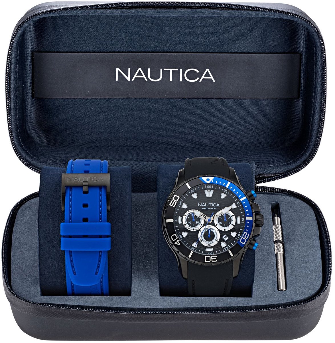 Nautica Nst Quartz Chronograaf Horloge Zwart Blauw Kast: 100% Roestvrij Staal. Armband: 100% Siliconen 44 NAPNSS506