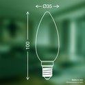 Schematische weergave van een kaarslamp met afmetingen: 100mm lengte, 35mm diameter.