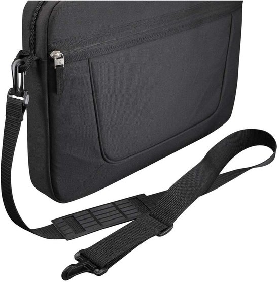 Zwarte laptoptas met afneembare schouderband en metalen clip.