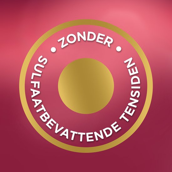 Gouden en roze cirkel met witte tekst "ZONDER SULFAATBEVATTENDE TENSIDEN".