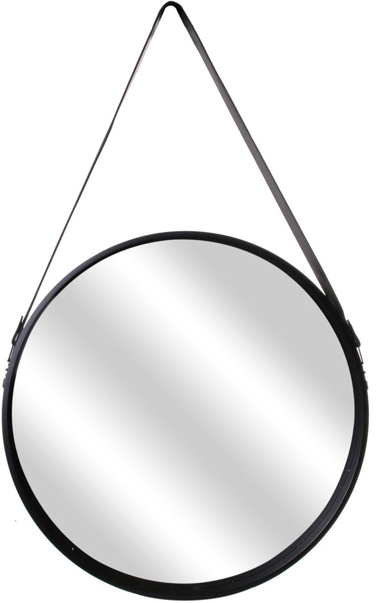 Home Deco Factory spiegel - rond - zwart - hout - met leren handvat - D450 cm