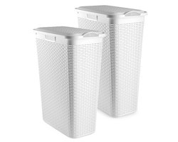 Plasticforte Smalle Wasmand met deksel Rotan - 2x - wit - gevlochten kunststof - 48 liter - 27 x 46 x 60 cm