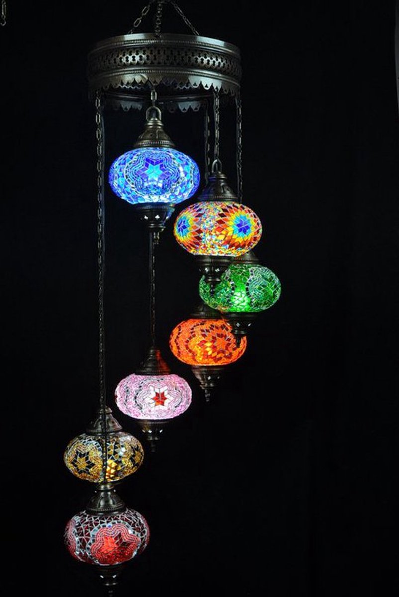 Turkse Hanglamp Mozaïek Marokkaanse Oosters Lamp Authentiek Handgemaakt Kroonluchte All colours 7 bollen