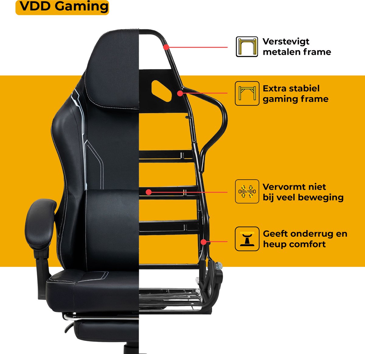 Afbeelding 3 van VDD Gaming - Gamestoel met massagefunctie en voetsteun - Gaming chair in de kleur Zwart - Game stoel met nekkussen & verstelbaar rugkussen - Ergonomische bureaustoel met padded armsteunen - Max draagvermogen 150 kg - Verstelbare ruggensteun