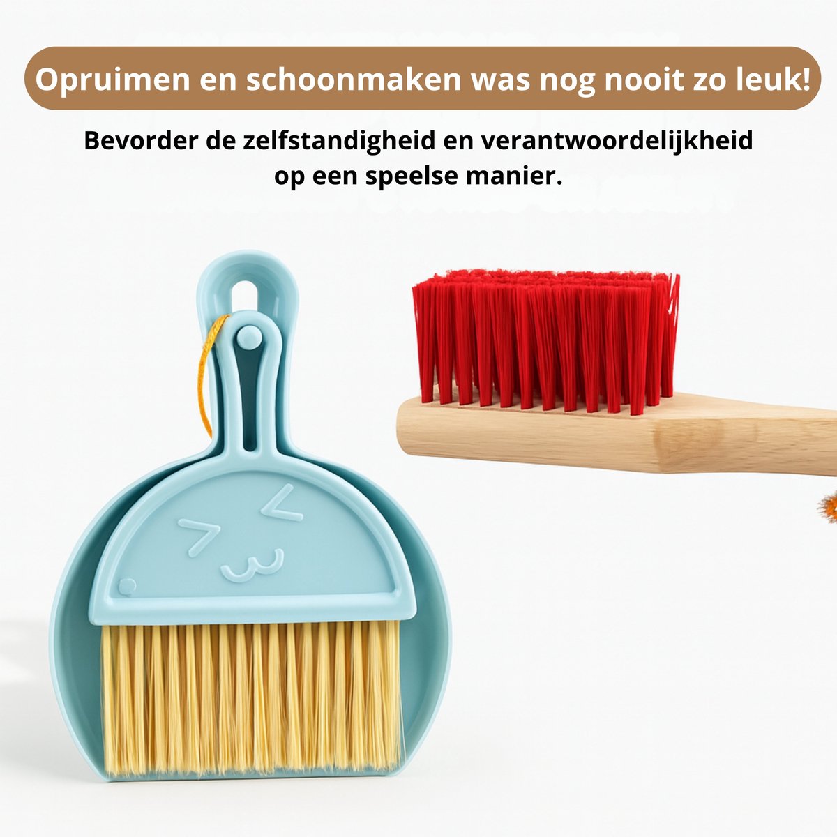 Montessori Schoonmaakset Kinderen – Houten Speelgoed Schoonmaak Set 7-delig – Met Bezem, Stoffer & Blik, Dweil & Plumeau – Educatief Rollenspel voor Peuters en Kleuters — afbeelding 4
