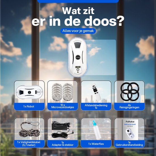 Inhoud van de doos: robot, microvezeldoekjes, ringen, kabel, adapter, waterflesje, handleiding.