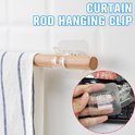 Transparante zelfklevende "CURTAIN ROD HANGING CLIP" met houten roede en gestreepte witte stof.