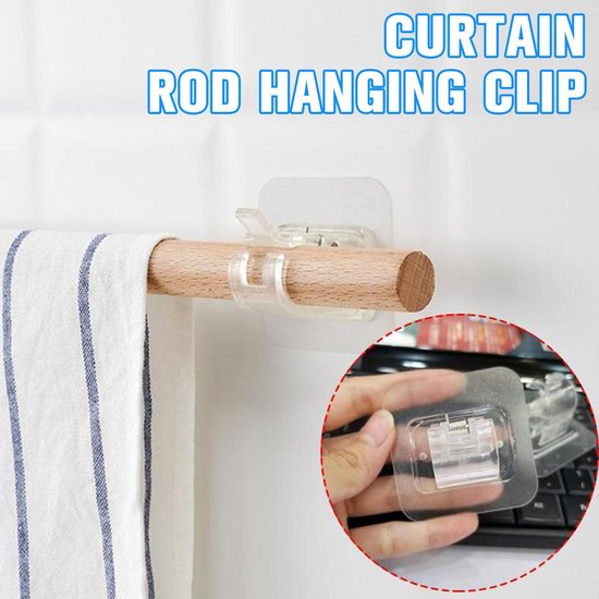 Transparante zelfklevende "CURTAIN ROD HANGING CLIP" met houten roede en gestreepte witte stof.