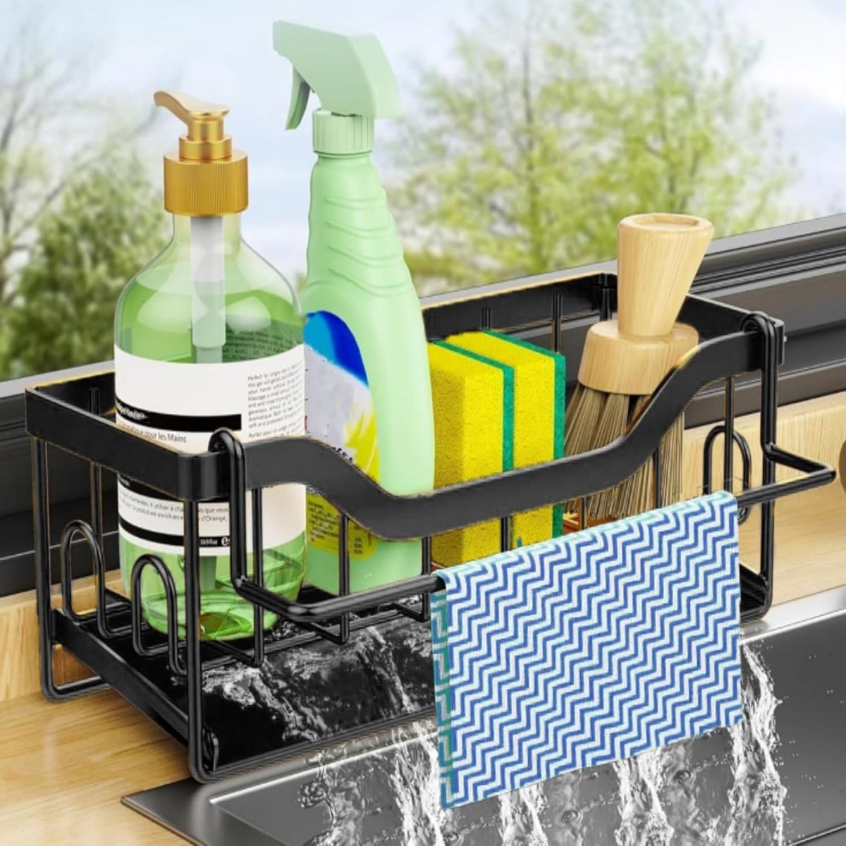 Crrynuo - 1 Stuk Vaatdoek En Spons Houder - Gootsteen Organizer - Zwart - Koolstofstaal - Zelfklevend - Snelle Afwatering - Ruimtebesparend