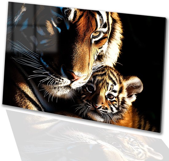 Moeder tijger met haar welp - Tijgers glas schilderijen - Schilderijen tijger - Hyperrealisme - Schilderijen plexiglas - Landelijke schilderijen - acrylglas 120x80 cm