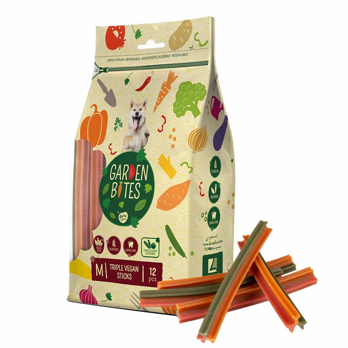 duvoplus Garden Bites - Triple Vegan Sticks Hondensnacks - Hondensnoepjes - Vegetarisch & Glutenvrij - Medium 12st