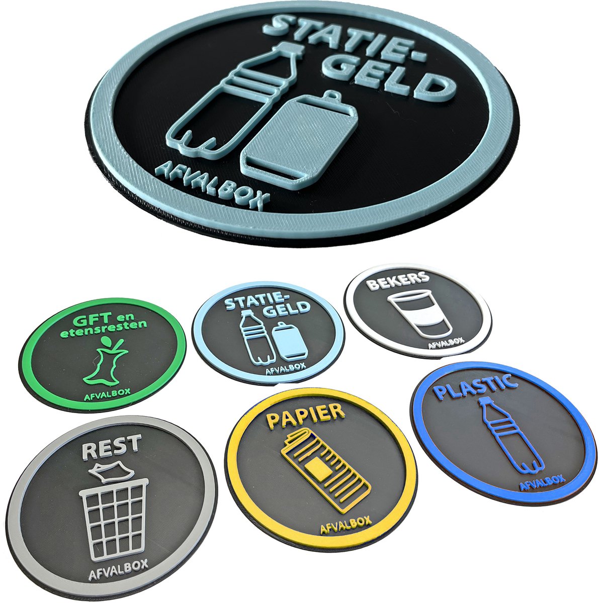 Afvalsticker Set – 4x Bordje Rest / Papier / Plastic / GFT / Bekers / Statiegeld – 3D Opdruk – Bio Kunststof – Ø12 cm – Met Tape – 3 mm Dik