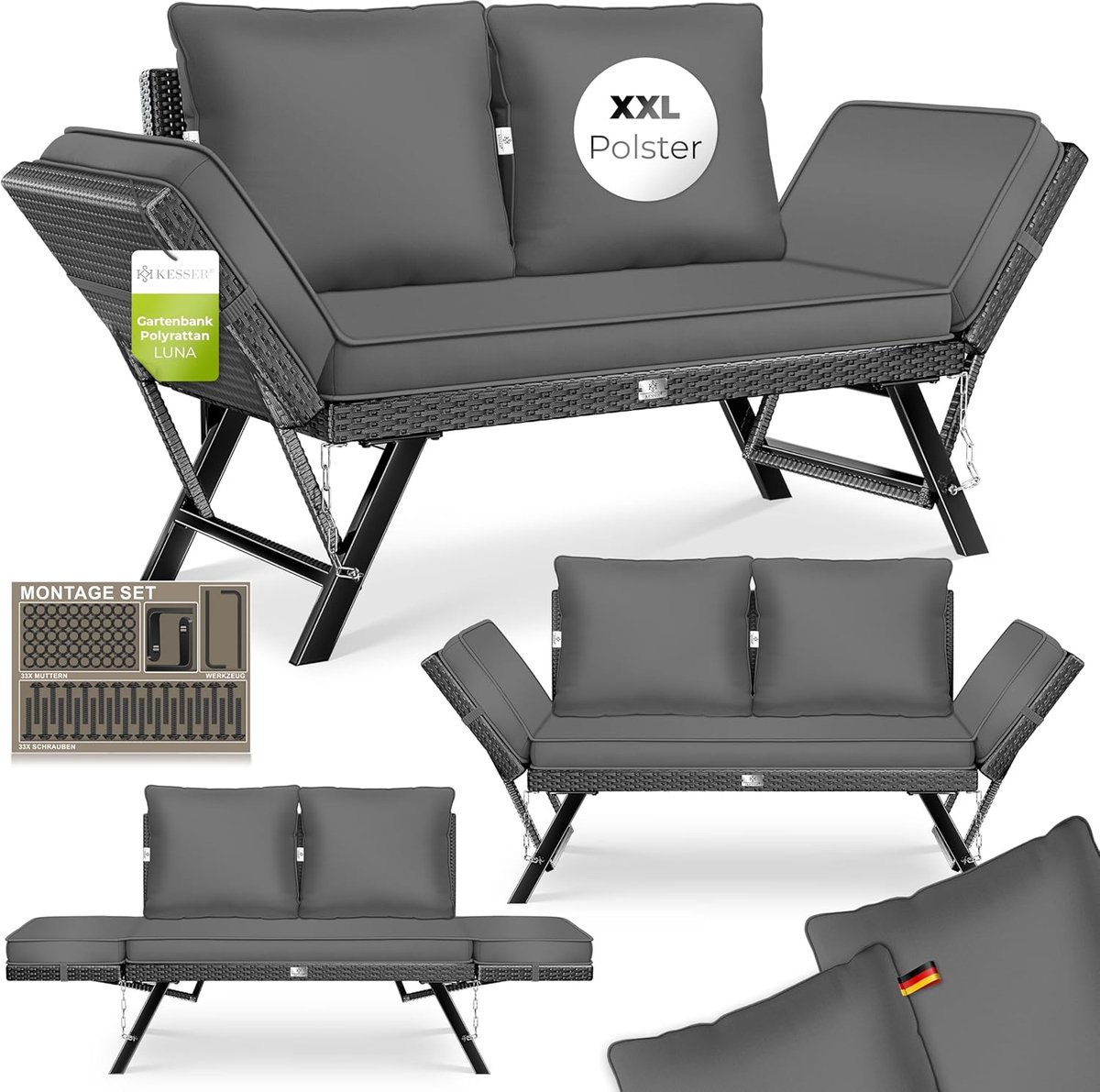 KESSER® Luna Polyrattan Tuinbank met Ligfunctie, Tuinbank, 4-in-1 Verstelfunctie, Tuinbank Weerbestendige Balkonbank, Verstelbare Armleuningen, Extra Dikke & Zachte Vulling, Tuin