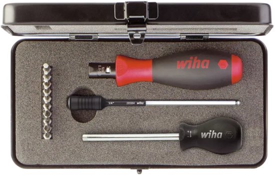 Wiha momentschroevendraaierset in een zwarte koffer met grijze schuimrubberen inleg. Bevat rode/zwarte handgrepen, bithouder en diverse bits.