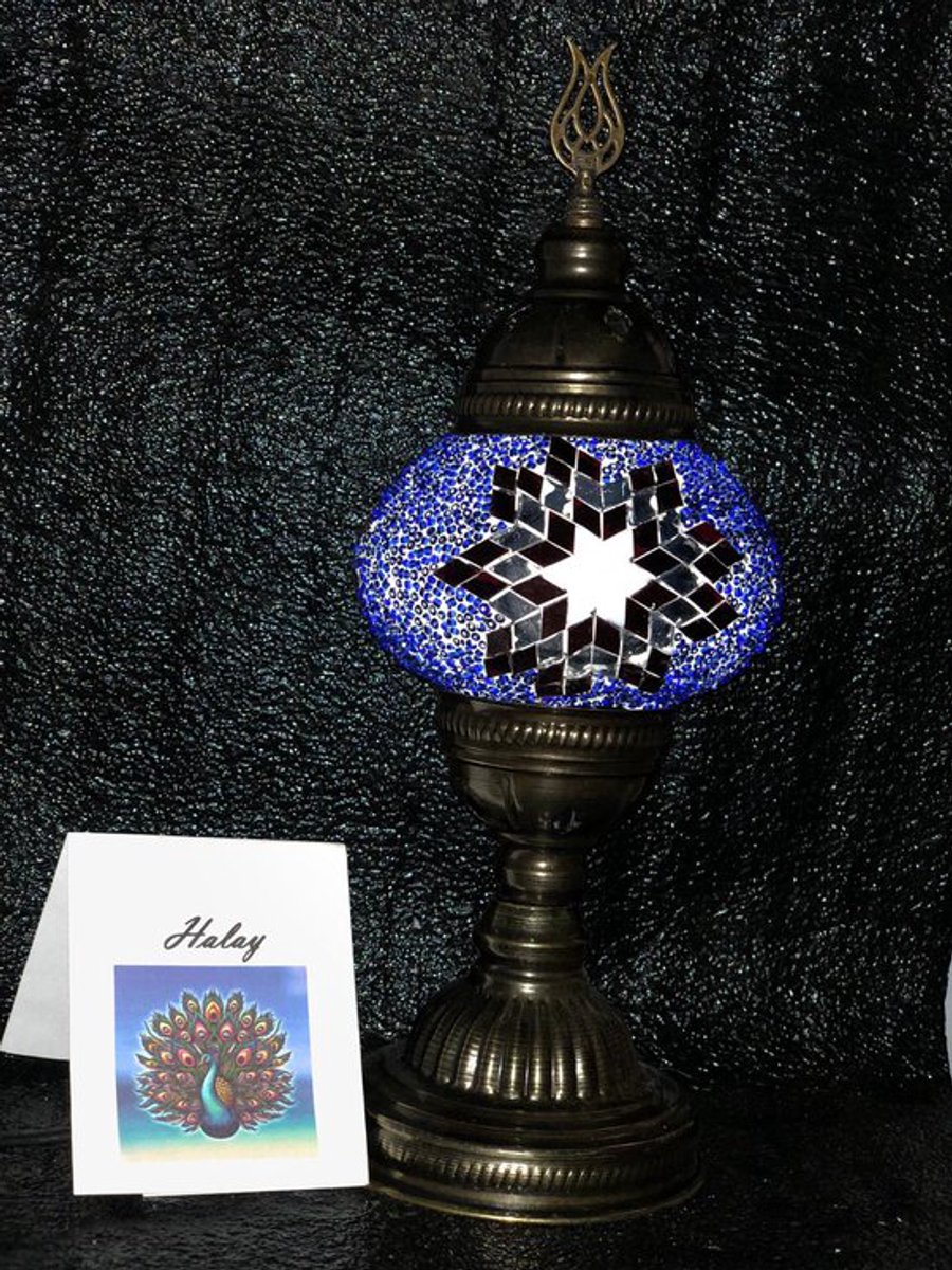 Turkse sfeerlamp - mozaïek tafellamp blauw en rood - 1 stuk - handgemaakt en veilig