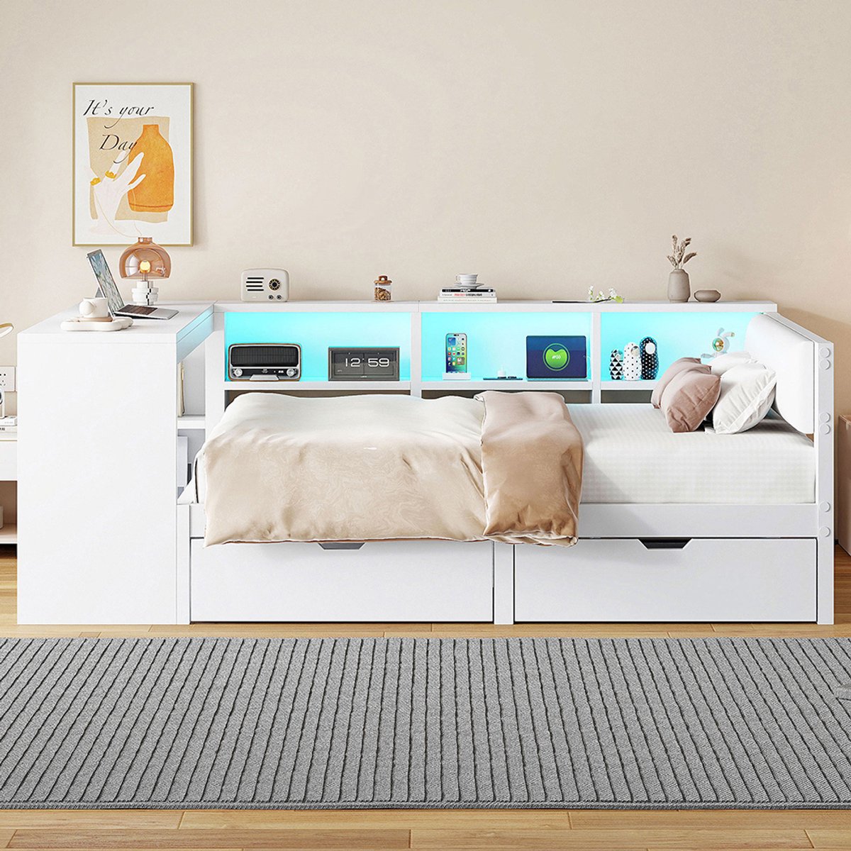 Pugsdrly Houten platformbed 140x200 met opbergruimte, lades, oplaadstation en gestoffeerd hoofdeinde, met gekleurde ledverlichting, wit